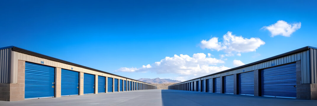 A row of self storage units with blue doors and a clear blue sky above, symbolizing organization, security, convenience, accessibility, and storage solutions.