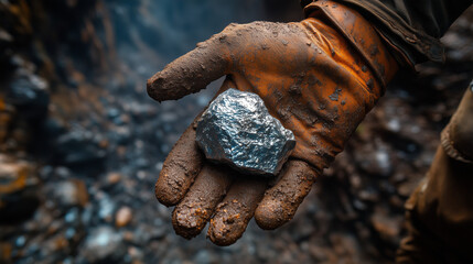 Obraz premium The Miner's Treasure: A close-up of a gloved hand holding a raw, silver-colored mineral, a symbol of hard work and discovery in the depths of the earth. 