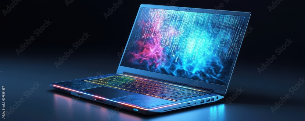 Poster modern gaming laptop with illuminated keyboard and digital abstract graphics on the screen.