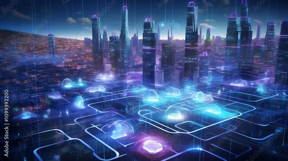 Poster futuristic smart city skyline with high rise buildings and skyscrapers controlled through a smartpho