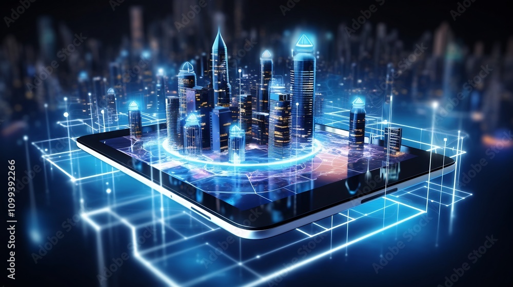 Poster a futuristic smart city controlled through a smartphone with visionary landscape of automated urban 
