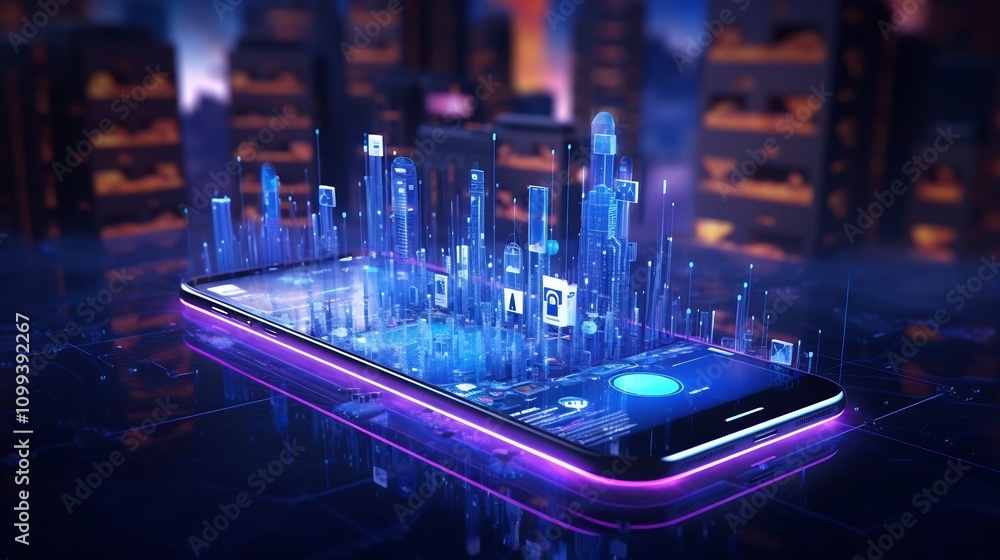 Poster futuristic smart city controlled via smartphone with integrated technology automated infrastructure 