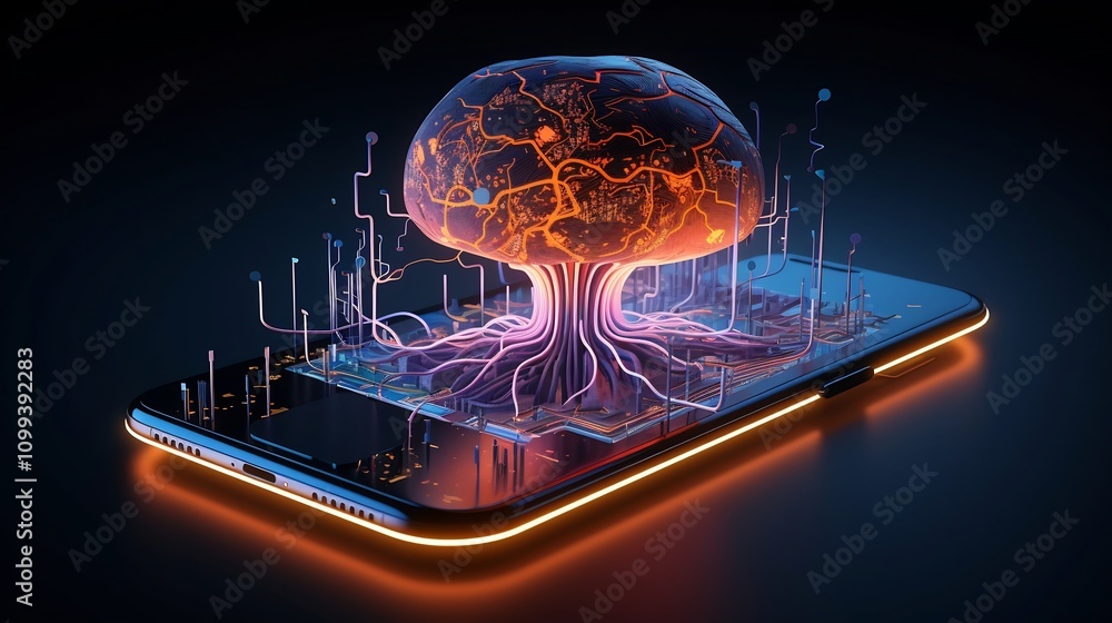 Poster creative visualization of an core expanding outward from a smartphone representing the growth and po