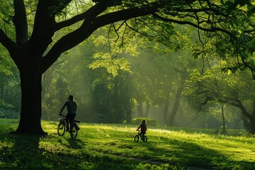 parent and child cycling through a green park, enjoying nature