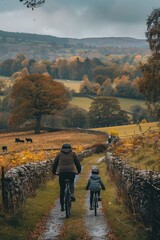 parent and child cycling along a scenic country road surrounded by fields and trees