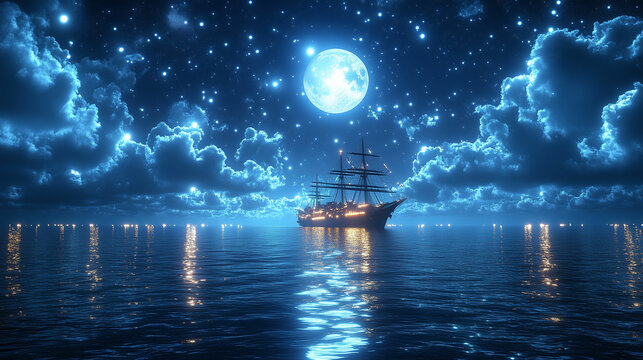Celestial Voyage: A majestic sailing ship glides serenely across a luminescent ocean, under a breathtaking sky brimming with stars and a radiant full moon.