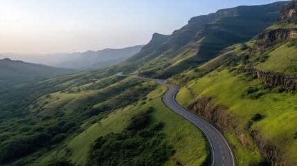 Fototapeta premium Winding road through a lush green mountainous landscape with rocky cliffs and a clear sky in the background