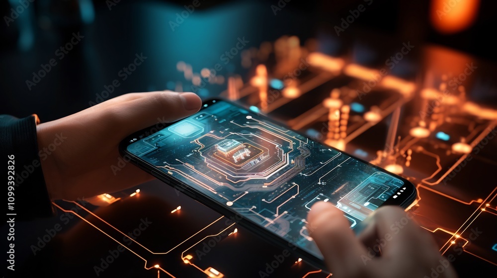 Poster a futuristic depiction of ai powered cybersecurity on a smartphone showcasing innovative digital sec