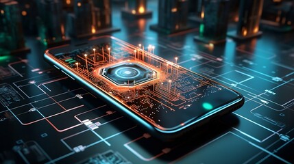 Futuristic digital depiction of an AI powered cybersecurity system on a modern smartphone device  Showcasing advanced data protection encryption and network security features