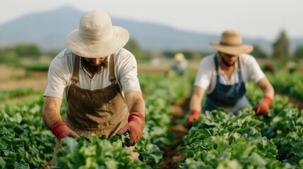 Ethical Farmers Tending Lush Organic Crop in Supportive Rural Setting   of Fair Trade Agricultural Practices Sustainable Farming Environmental Conservation
