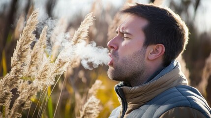 Man wearing a jacket exhaling visible breath in a cold outdoor environment with dry reed plants.