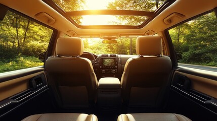 Backseat view of a car with a sunroof open to a sunset.