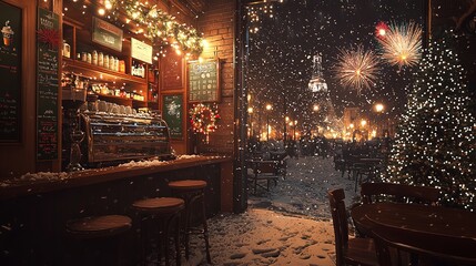 Obraz premium Cozy Coffee Shop on a Snowy Street Decorated for New Year