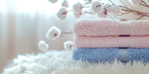 Three towels stacked on top of each other, one blue, one pink, and one purple