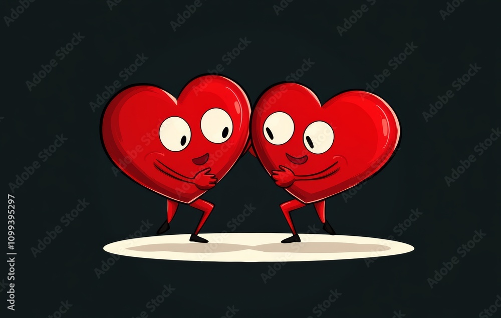 Poster two cartoon hearts are hugging each other. scene is warm and affectionate. the idea behind the image