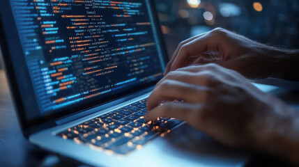 Software Developer Coding JavaScript on Laptop for Web Development and Design