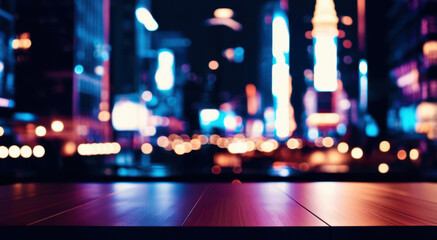 Fototapeta premium A city skyline with a wooden table in the foreground