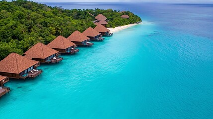Travel adventure accommodation concept. A tranquil tropical resort features overwater bungalows by the crystal-clear ocean, surrounded by lush greenery and a serene beach.