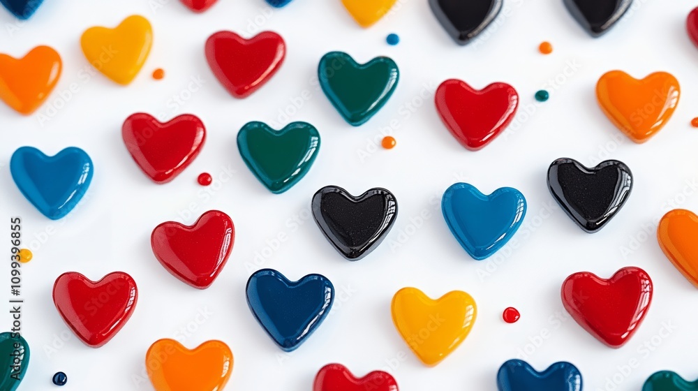 Poster row of colorful hearts are arranged on a white background. the hearts are of different colors and si