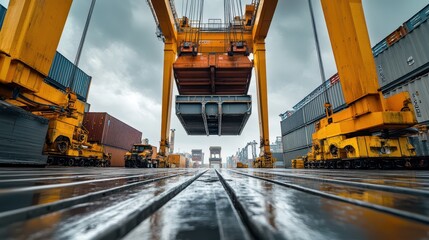 Open-Top Container Loading Operation: Overhead Crane, Large Industrial Equipment, and Tarpaulin Preparation. Wide-Angle Industrial Photography of Oversized Cargo Handling.