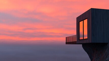 Fototapeta premium Travel adventure accommodation concept. A modern architectural structure with large windows perched on a cliff, reflecting a vibrant sunset sky filled with pink and orange hues.