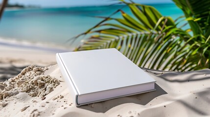 A blank book resting on sandy beach near the water, ideal for writing or journaling in a serene environment.