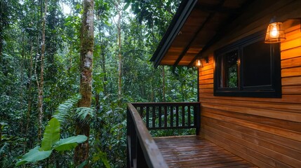 Travel adventure accommodation concept.  A cozy wooden cabin nestled in a lush forest, illuminated by warm lights, offering a tranquil escape into nature.