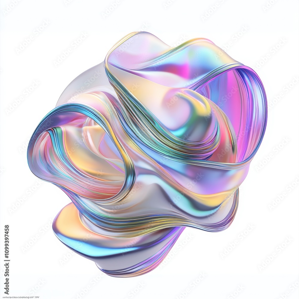 Poster a colorful, abstract 3d shape with flowing curves and a glossy, iridescent surface.