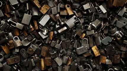 shot completely filled with metal locks, different sizes, tightly packed, frame covered, security and mystery vibe, seamless background