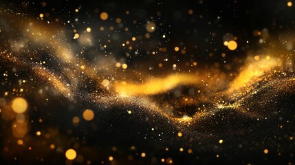 Obraz premium Golden glowing bokeh lights on a dark background, warm and festive, holiday atmosphere, soft and blurred, cheerful and magical ambiance