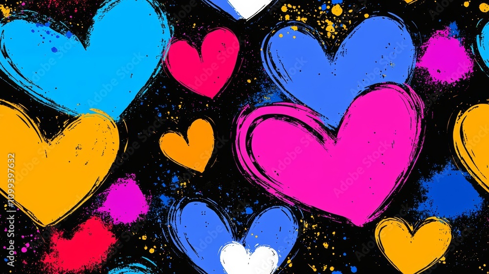 Poster colorful pattern of hearts with different colors and sizes. the hearts are arranged in a way that th