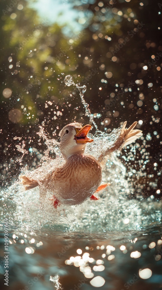 Poster a duckling leaps from the water, creating a splash with its wings outstretched and beak open.