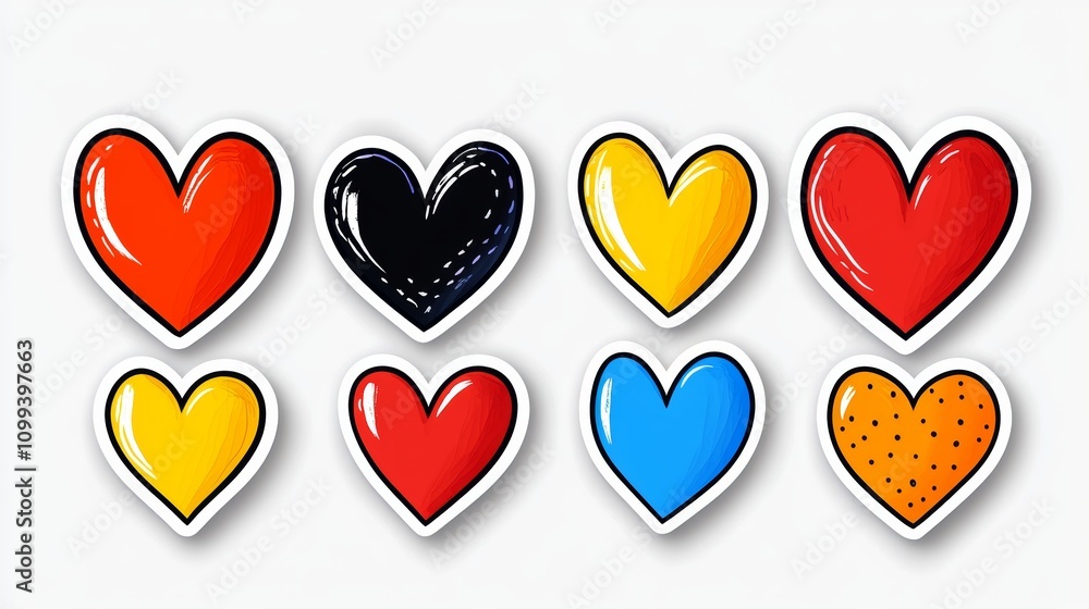 Poster collection of hearts in various colors and sizes. the hearts are arranged in a row, with some overla