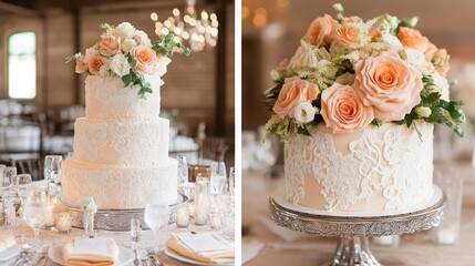 A three-tiered wedding cake decorated with white lace and peach roses.