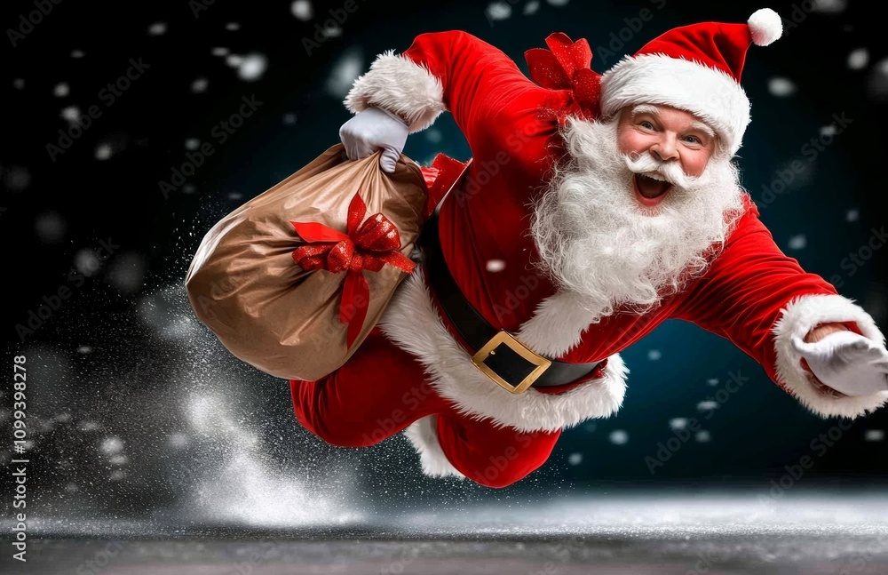 Poster man dressed as santa claus is running with a bag on his back. he is smiling and he is in a hurry