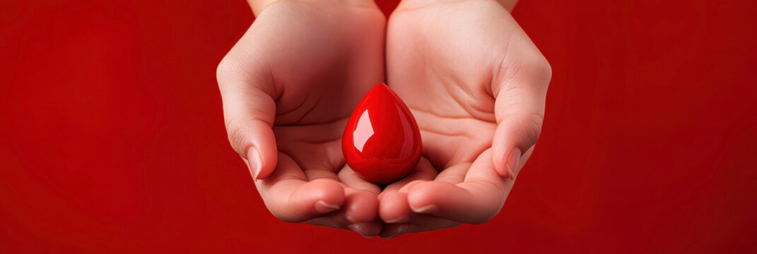 World hemophilia day awareness and support concept with red blood drop symbol. Horizontal banner. Copy space. Blood donor awareness day