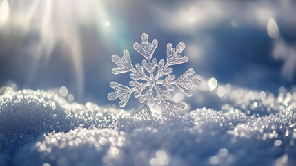 Snowflake resting on soft snow under bright winter sunlight