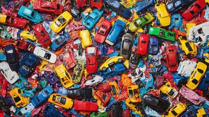 Fototapeta premium frame entirely filled with assorted toy cars, vibrant colors, tightly packed, shiny surfaces, playful vibe, colorful and fun, full coverage