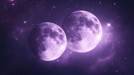 Obraz premium galaxy with two moons, dark purple background, soft light reflections, stars scattered, cosmic atmosphere, dreamy feel, serene look