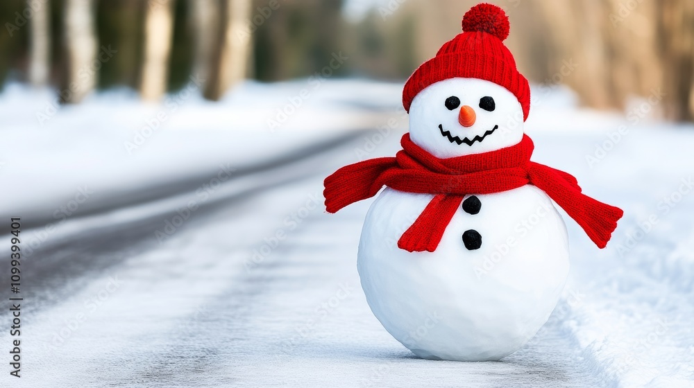 Poster snowman with a red scarf and a red hat is standing on a road. the snowman has a happy expression on 