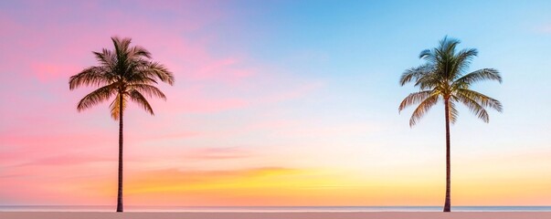 Fototapeta premium Travel adventure accommodation concept. A serene sunset scene featuring two palm trees silhouetted against a vibrant sky of pink, orange, and blue hues.