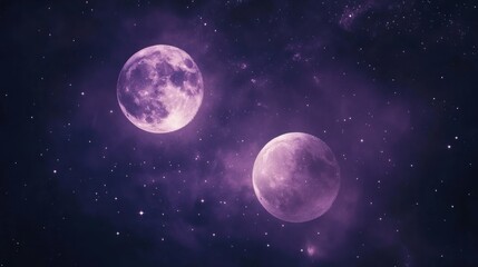 Fototapeta premium galaxy with two moons, dark purple background, soft light reflections, stars scattered, cosmic atmosphere, dreamy feel, serene look