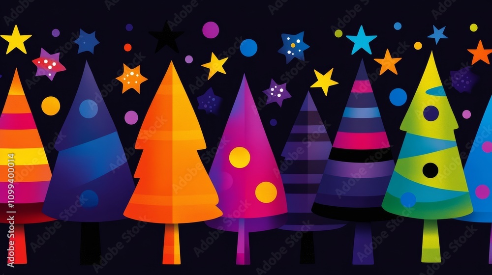 Poster row of colorful trees with stars and dots on them. the trees are arranged in a line and are of diffe