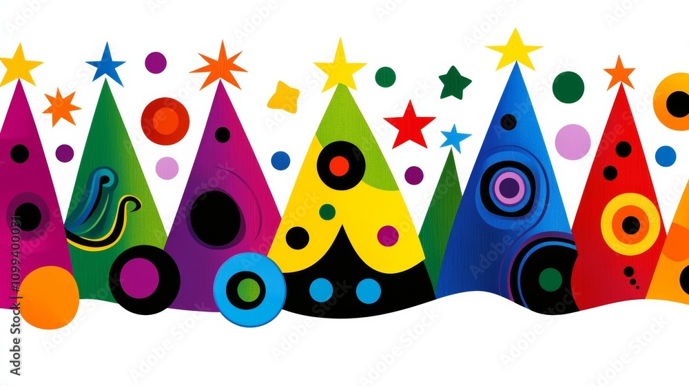Poster colorful line of trees with stars and circles on them. the trees are of different colors and sizes, 