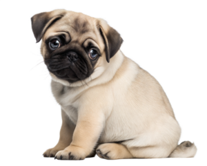 Pug puppy isolated on white background. Pug puppy sitting and looking at camera on white