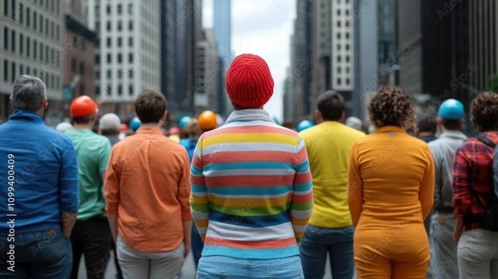 Poster diverse group of activists using creative colorful art installations as a form of public to draw att