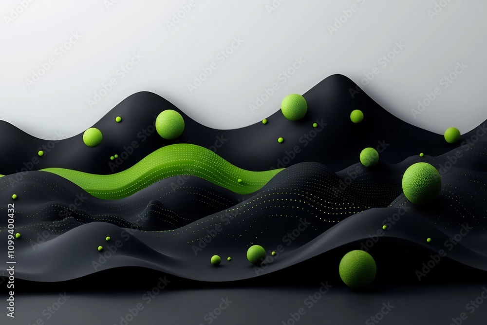 Poster surreal and mesmerizing abstract landscape featuring a dark background with a dynamic wave pattern c