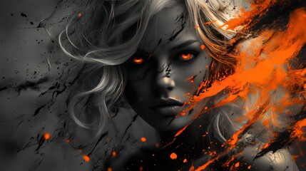 Fierce woman portrait with orange and gray paint splatter.
