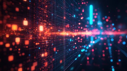 Obraz premium Abstract digital grid with glowing lines and particles in red, orange, and blue colors.