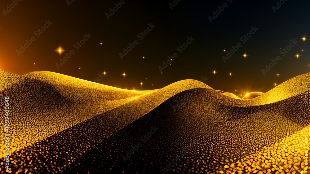 Poster digital art of sparkling golden dunes against a dark background with glimmering particles.
